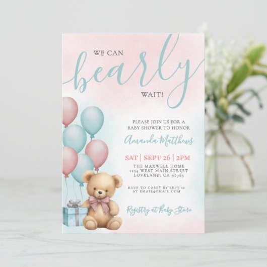 We Can Bearly Wait Bear Baby Shower 招待状 (スタンド正面)