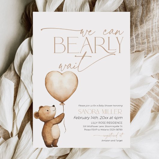 We Can Bearly Wait Bear Balloon Baby Shower 招待状