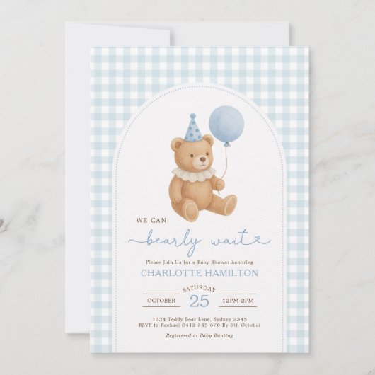 We Can Bearly Wait Bear Balloon Boy Baby Shower 招待状 (正面)