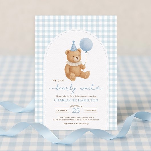 We Can Bearly Wait Bear Balloon Boy Baby Shower 招待状