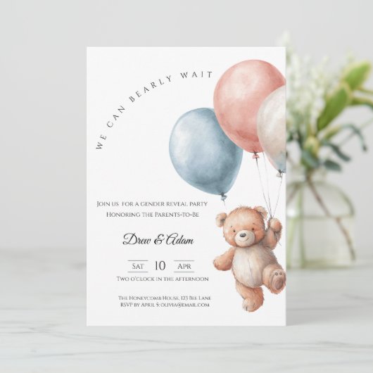We Can Bearly Wait Bear Balloons Gender Reveal 招待状 (スタンド正面)