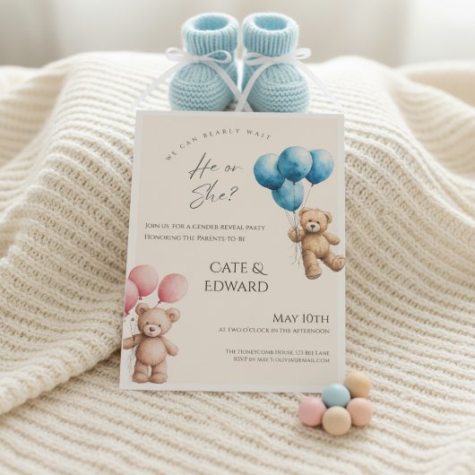 We Can Bearly Wait Bear Balloons Gender Reveal 招待状