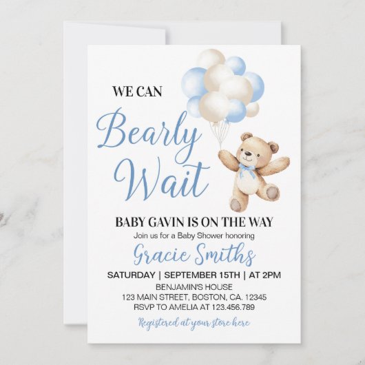 We Can Bearly Wait Bear Blue Balloon Baby Shower 招待状 (正面)