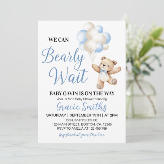 We Can Bearly Wait Bear Blue Balloon Baby Shower 招待状 (スタンド正面)