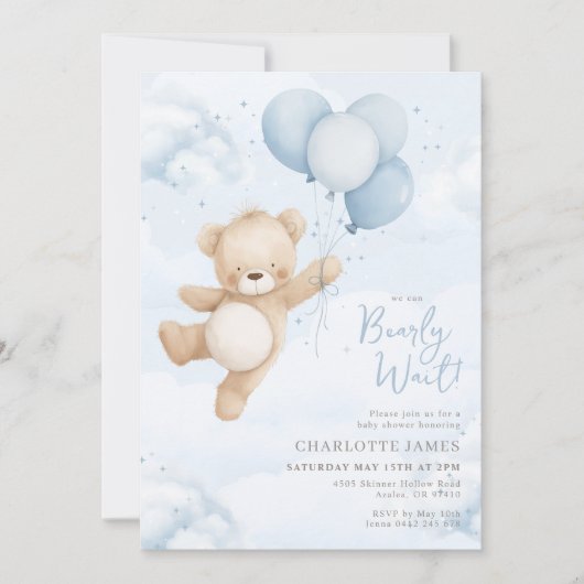 We can Bearly Wait! Bear Blue Balloon Baby Shower 招待状 (正面)