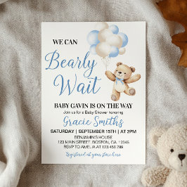 We Can Bearly Wait Bear Blue Balloon Baby Shower 招待状
