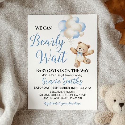 We Can Bearly Wait Bear Blue Balloon Baby Shower 招待状