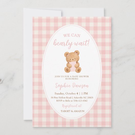 We Can Bearly Wait Bear Girl Baby Shower  招待状 (正面)