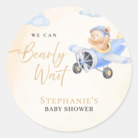 We Can Bearly Wait, Bear in Plane Baby Shower  ラウンドシール (正面)