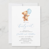 We Can Bearly Wait Blue Balloon Boy Baby Shower 招待状 (正面)