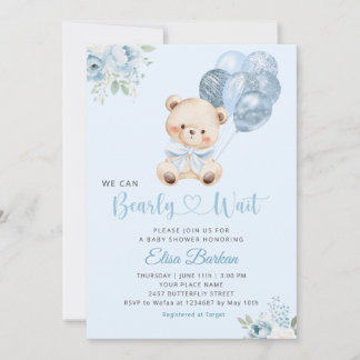 We Can Bearly Wait Blue Balloon Boy Baby Shower  招待状