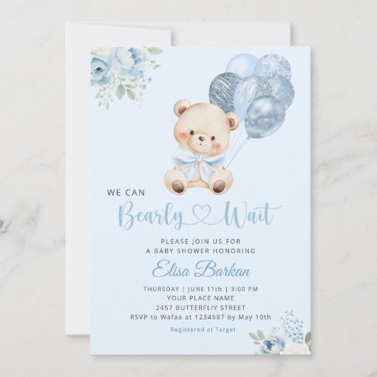 We Can Bearly Wait Blue Balloon Boy Baby Shower  招待状 (正面)