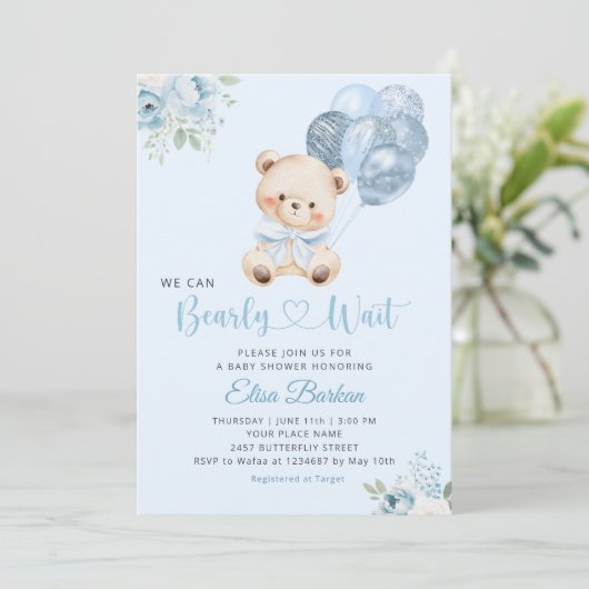 We Can Bearly Wait Blue Balloon Boy Baby Shower  招待状 (スタンド正面)