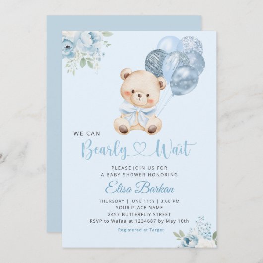 We Can Bearly Wait Blue Balloon Boy Baby Shower  招待状 (正面/裏面)