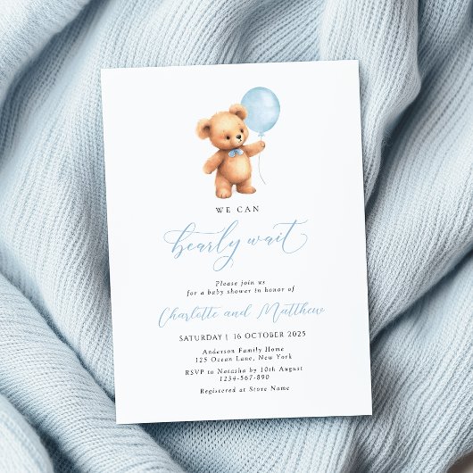 We Can Bearly Wait Blue Balloon Boy Baby Shower 招待状