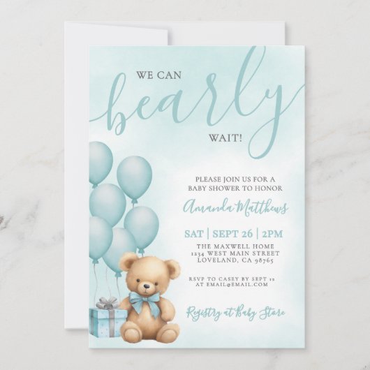 We Can Bearly Wait Blue Bear Baby Shower 招待状 (正面)
