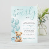 We Can Bearly Wait Blue Bear Baby Shower 招待状 (スタンド正面)