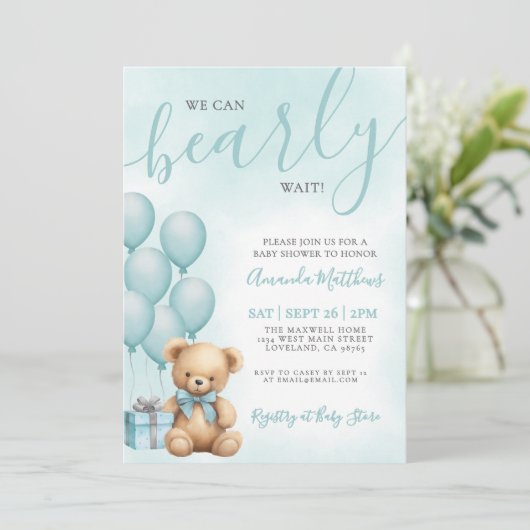 We Can Bearly Wait Blue Bear Baby Shower 招待状 (スタンド正面)