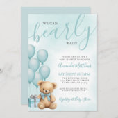 We Can Bearly Wait Blue Bear Baby Shower 招待状 (正面/裏面)