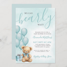 We Can Bearly Wait Blue Bear Baby Shower 招待状