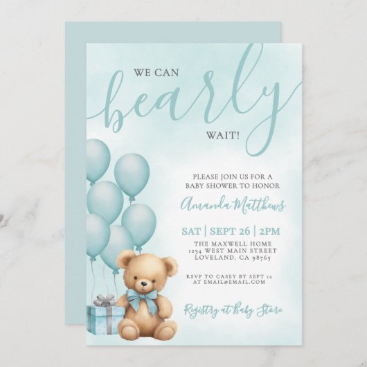 We Can Bearly Wait Blue Bear Baby Shower 招待状 (正面/裏面)