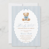 We Can Bearly Wait blue bow Boy Baby Shower 招待状 (正面)