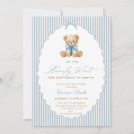 We Can Bearly Wait blue bow Boy Baby Shower 招待状