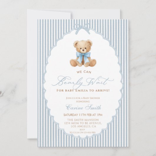 We Can Bearly Wait blue bow Boy Baby Shower 招待状 (正面)