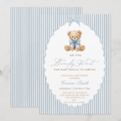 We Can Bearly Wait blue bow Boy Baby Shower 招待状 (正面/裏面)