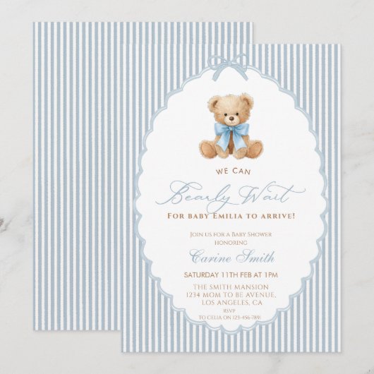 We Can Bearly Wait blue bow Boy Baby Shower 招待状 (正面/裏面)
