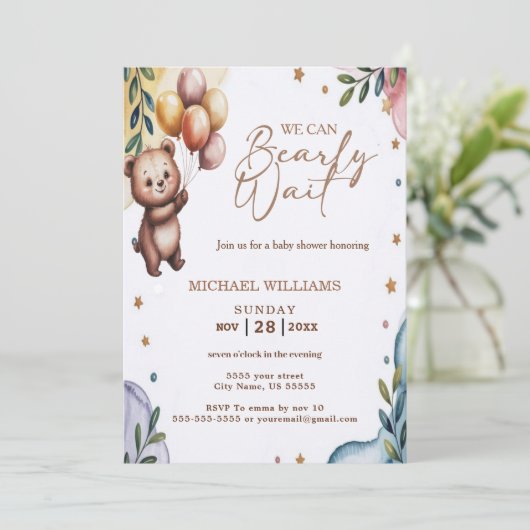 We Can Bearly Wait Blue Boy Baby Shower Invitation 招待状 (スタンド正面)