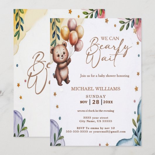 We Can Bearly Wait Blue Boy Baby Shower Invitation 招待状 (正面/裏面)