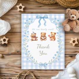 We Can Bearly Wait Blue Gingham Baby Shower  サンキューカード