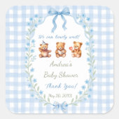 We Can Bearly Wait Blue Gingham Baby Shower  スクエアシール (正面)