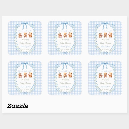 We Can Bearly Wait Blue Gingham Baby Shower  スクエアシール (シート)