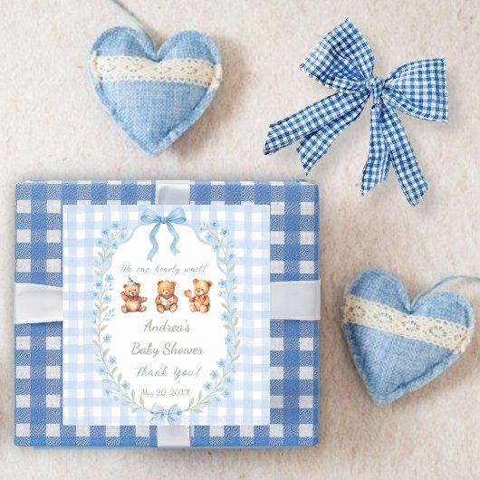 We Can Bearly Wait Blue Gingham Baby Shower  スクエアシール