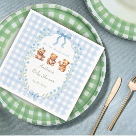 We Can Bearly Wait Blue Gingham Baby Shower  スタンダードカクテルナプキン