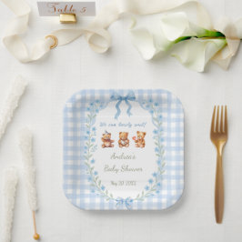 We Can Bearly Wait Blue Gingham Baby Shower  ペーパープレート