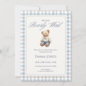 We Can Bearly Wait Blue Gingham baby shower 招待状 (正面)