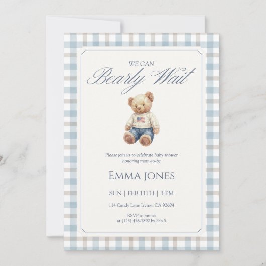 We Can Bearly Wait Blue Gingham baby shower 招待状 (正面)