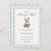 We Can Bearly Wait Blue Gingham baby shower 招待状 (正面/裏面)