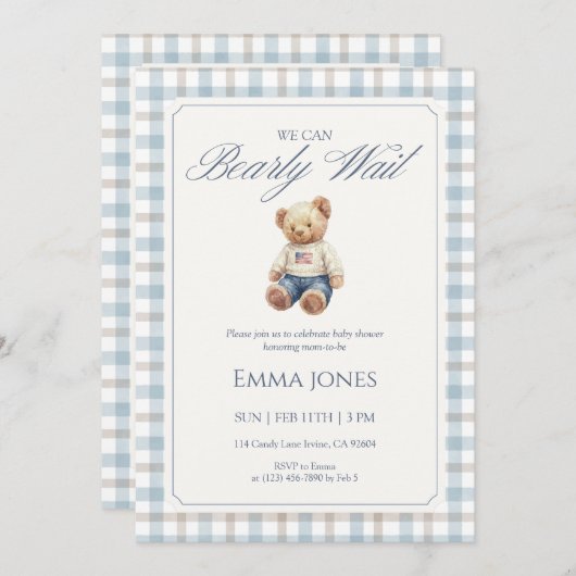 We Can Bearly Wait Blue Gingham baby shower 招待状 (正面/裏面)