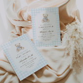 We Can Bearly Wait Blue Gingham Teddy Bear Baby 招待状