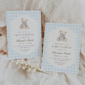 We Can Bearly Wait Blue Gingham Teddy Bear Baby 招待状