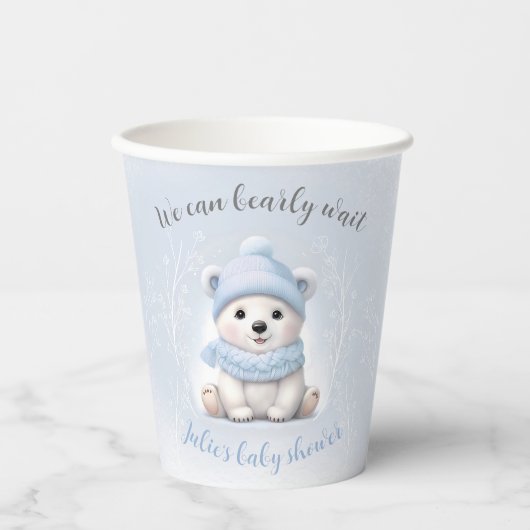 We Can Bearly Wait Blue Polar Bear Baby Shower 紙コップ (正面)