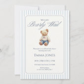 We Can Bearly Wait Blue stripe pattern shower 招待状 (正面)