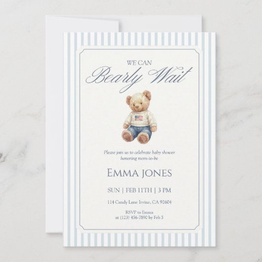 We Can Bearly Wait Blue stripe pattern shower 招待状 (正面)