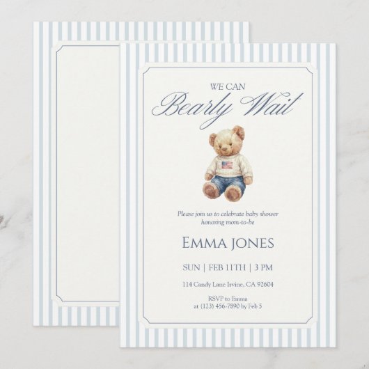 We Can Bearly Wait Blue stripe pattern shower 招待状 (正面/裏面)