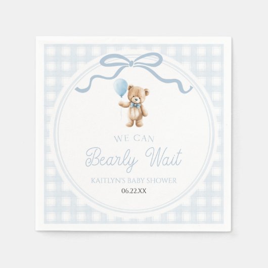 We Can Bearly Wait Blue Teddy Bear Baby Shower スタンダードカクテルナプキン (正面)