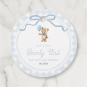 We Can Bearly Wait Blue Teddy Bear Baby Shower フェイバータグ (正面)